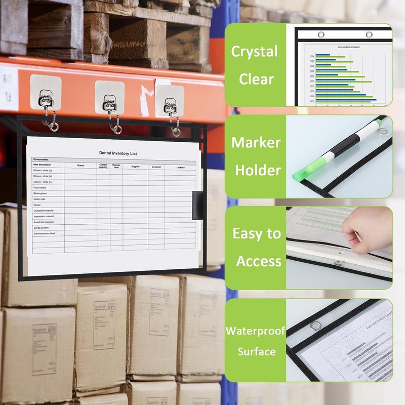 suituts 12 Pack Horizontal Job Ticket Holders with 3 Rings Fit for 8.5 x 11 Inch Work Order Plastic Sleeves for Documents 10 x 12.5 Dry Erase Pockets Reusable (Black) - Image 3